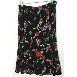 Essay Skirt Women Size 12 Black w Red Purple White Roses Buttons Bellow Knee